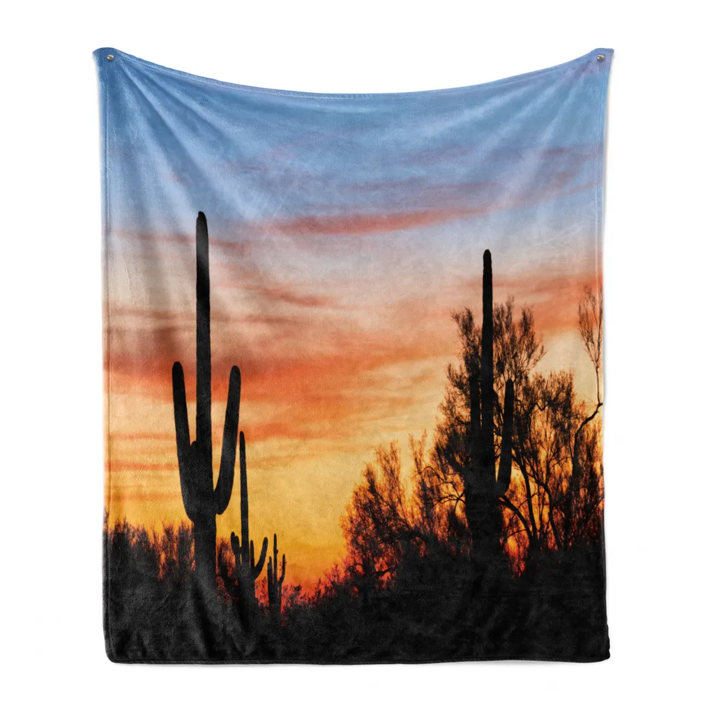 ABAKUHAUS Coperta in morbido pile di flanella Western, Cactus del deserto Wild West, Comodo peluche per interni ed esterni, 125 x 175 cm, arancione e nero