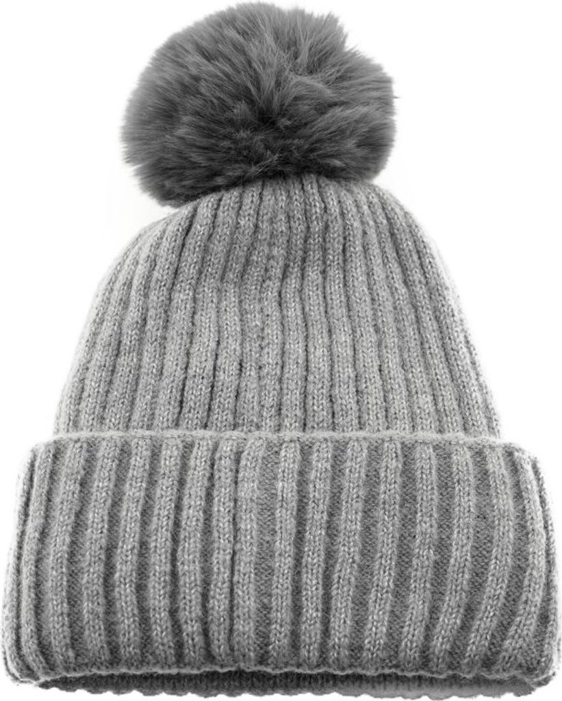 Bommelmütze mit Innenfutter Strickmütze zum Warmhalten im Herbst und Winter Grau