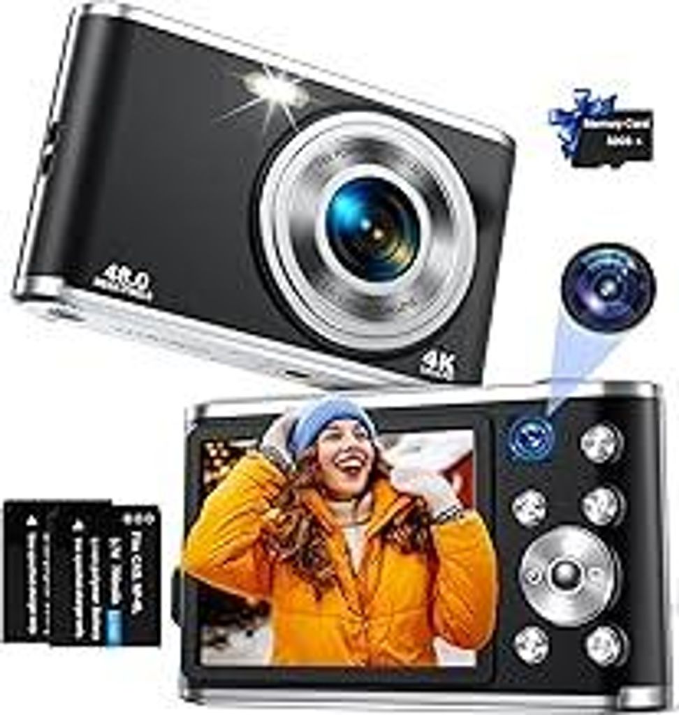 Digitalkamera, AutoFocus 4K Fotokamera mit Dual-Kamera, Fotoapparat Digitalkamera mit 32GB Karte,16X Digitalzoom,2,8 großem Bildschirm Vlogging Ka...