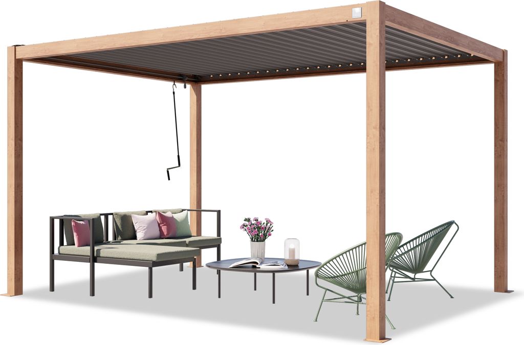PRIMEYARD Pergola 3x4 m Aluminium-Pfosten in Holzoptik mit Lamellendach aus Stahl Terrassenüberdachung