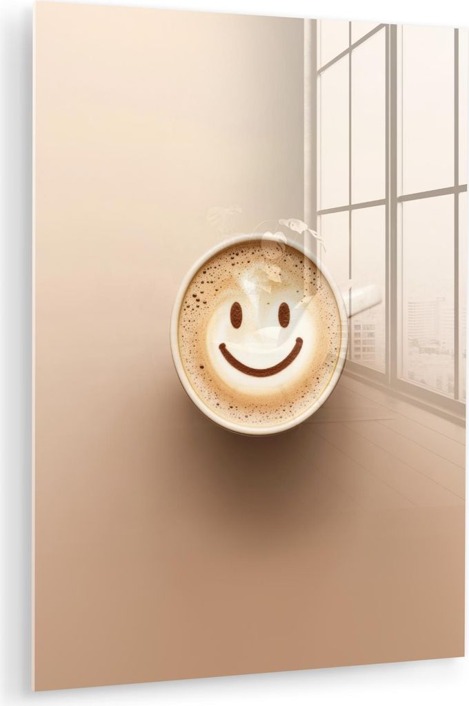 MuchoWow Glasbilder - Bilder auf Wandbild - Foto auf Glas Kaffee - Milchschaum - Lächeln - Beige 30x40 cm Wanddekoration aus Glas - Acrylglasbild ...