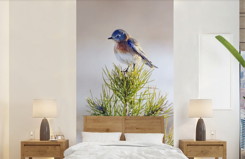 MuchoWow Fototapete für Wohnzimmer oder Schlafzimmer Wandtapete Vinyl Motivtapete Vogel auf einem Ast eines Baumes - 120x240 cm - Hintergrundbild