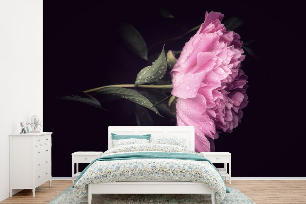 MuchoWow Fototapete für Wohnzimmer oder Schlafzimmer Wandtapete Vinyl Motivtapete Pfingstrose mit Tautropfen - 600x400 cm - Vinyltapeten