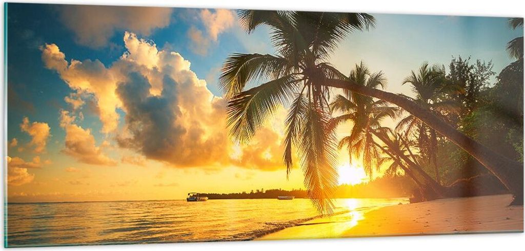 Bilder auf glas - Meer Strand Palme - 100x40cm - Glasbilder - Wandbilder - Kunstdruck - zum Aufhängen bereit - Wanddekoration aus Glas - Glas Bild...