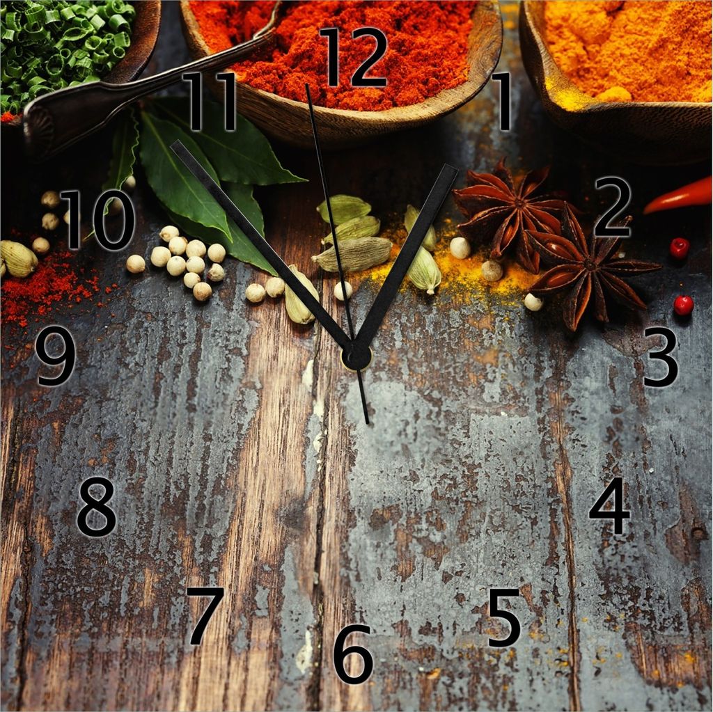 Wallario Design Wanduhr Gewürze auf Holz - uriger Holztisch in der Küche aus Echtglas, Größe 30 x 30 cm