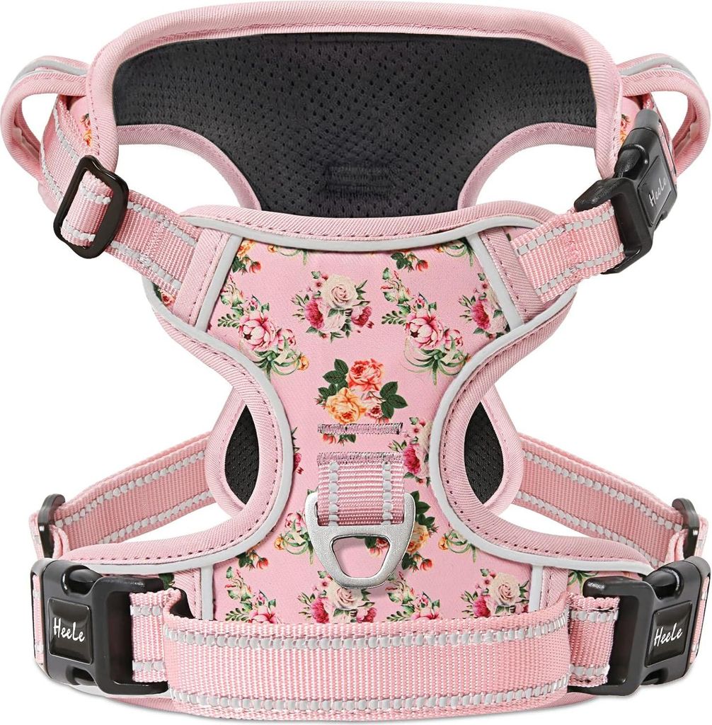 Gewatteertes Reflectierendes Anti-Trek Hundenharness mit Handgriff - Rosa Blumen XL
