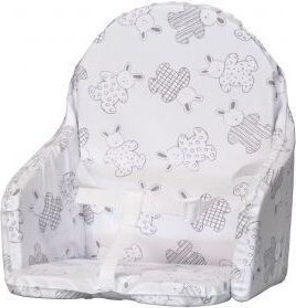A baby high chair cushion with a rabbit pattern.
