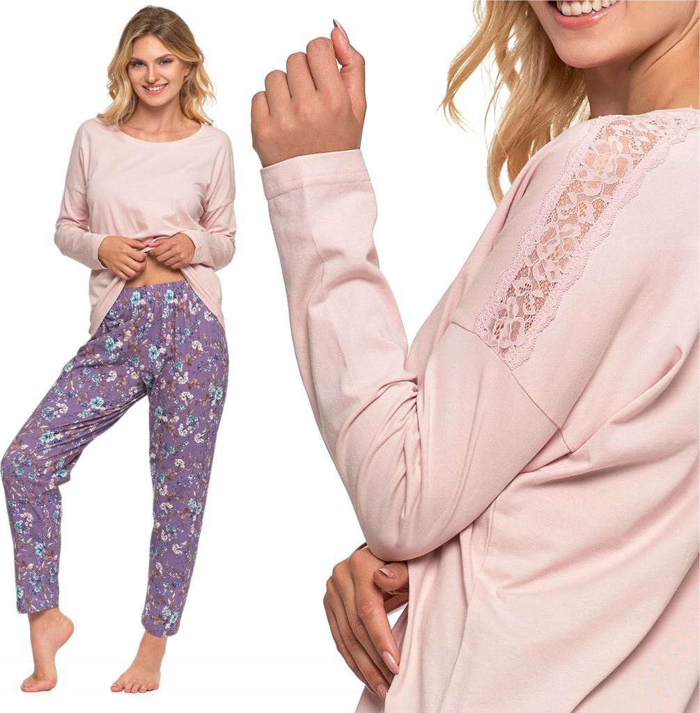 Damen-Pyjama, zarte Spitze, lange Ärmel, Blumenmuster, Produktbild 