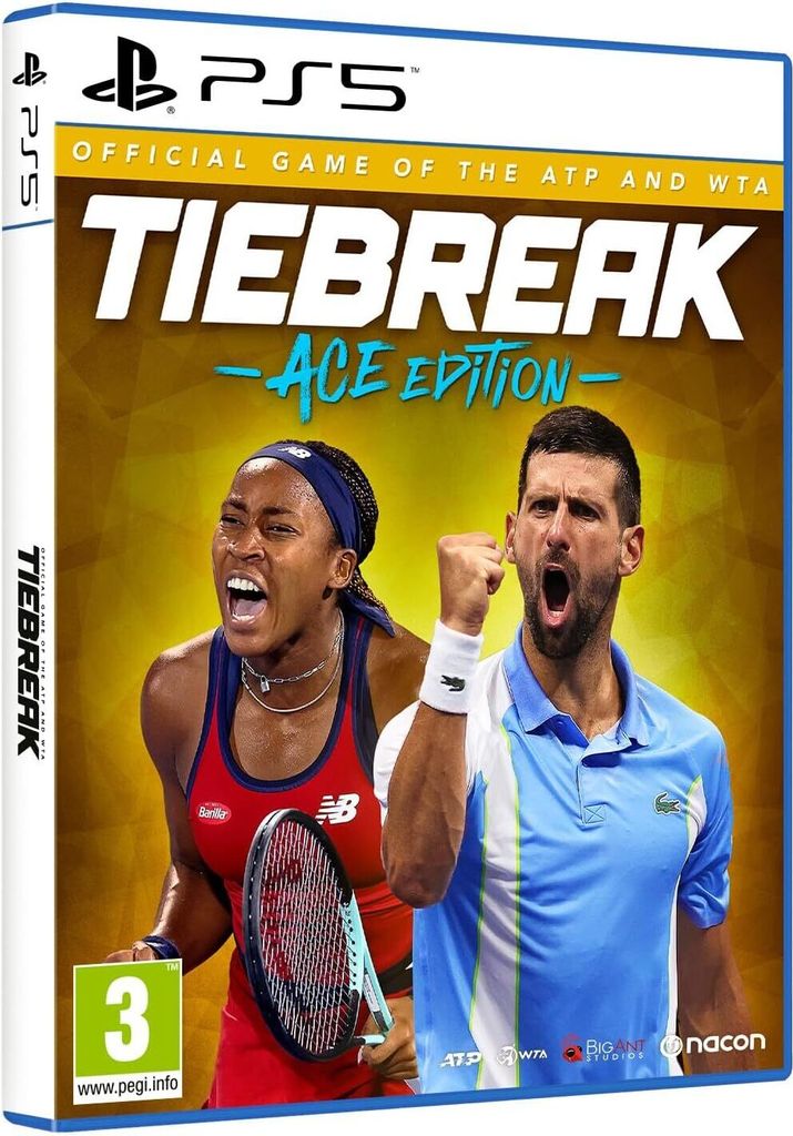 The cover art for the PS5 game 'Tiebreak Ace Edition', featuring tennis players Coco Gauff and Novak Djokovic.