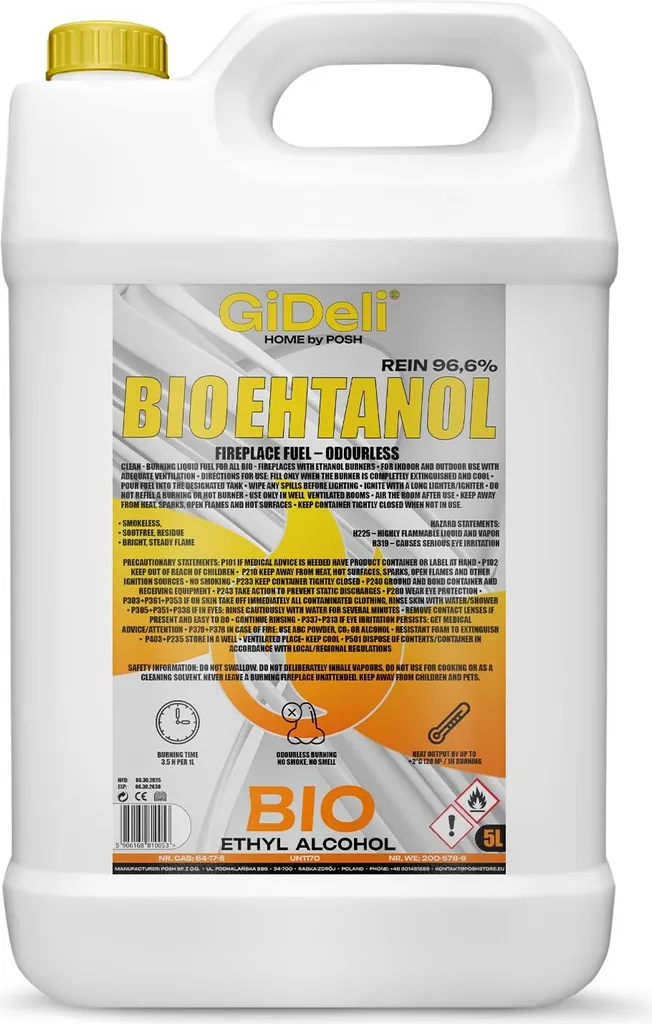 Bioetanolo Naturale GiDeli 5L - 96,6% Alcol Bio da Agricoltura