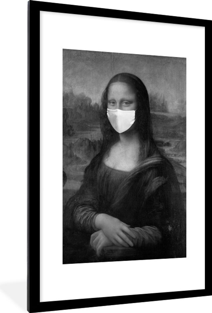 MuchoWow Gerahmtes Poster Mona Lisa mit weißer Mundhaube - ein Gemälde von Leonardo da Vinci - schwarz-weiß 60x90 cm - Poster mit Schwarzem Bi...