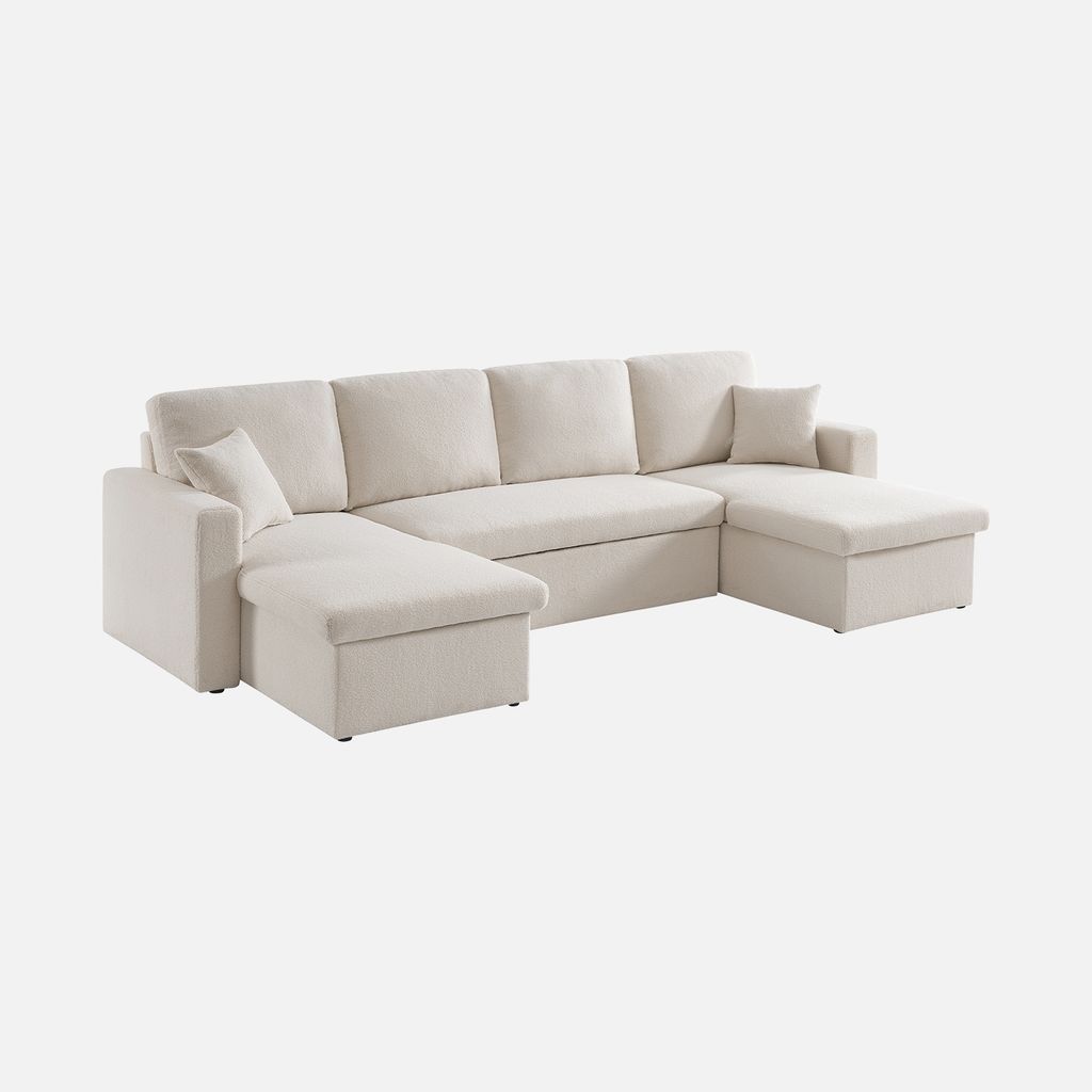 sweeek - 4-Sitzer Doppel-Ecksofa mit Bouclé-Bezug, Schlaffunktion und 2 Bettkästen - Creme