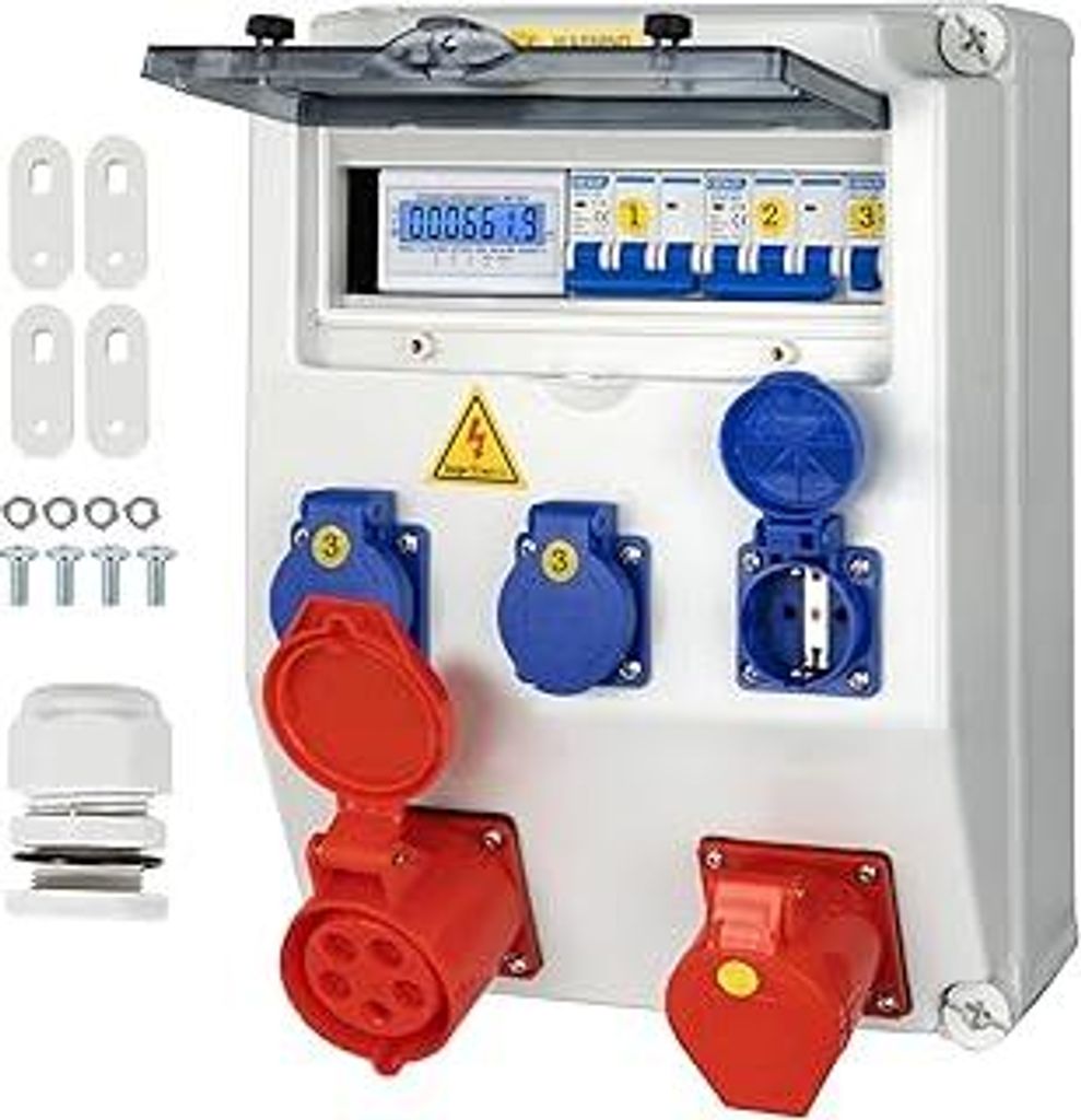 Baustromverteiler,IP65 Wasserdicht Stromverteiler mit Leitungsschutzschalter und Stromzähler, Wandverteiler mit IP54 230V/16A Schuko Steckdose und...