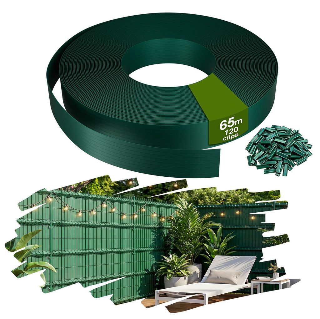 YRHome PVC Sichtschutzstreifen Balkonsichtschutz Sichtschutzfolie Zaunblende Balkon Terrasse Garten 65m Grün inkl. 120 Befestigungsclips