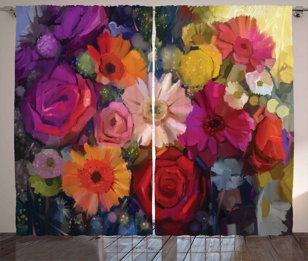 ABAKUHAUS Gerber Daisy Rustikaler Vorhang, Pinsel-Blüten, Wohnzimmer Universalband Gardinen mit Schlaufen und Haken, 280 x 225 cm, Mehrfarbig