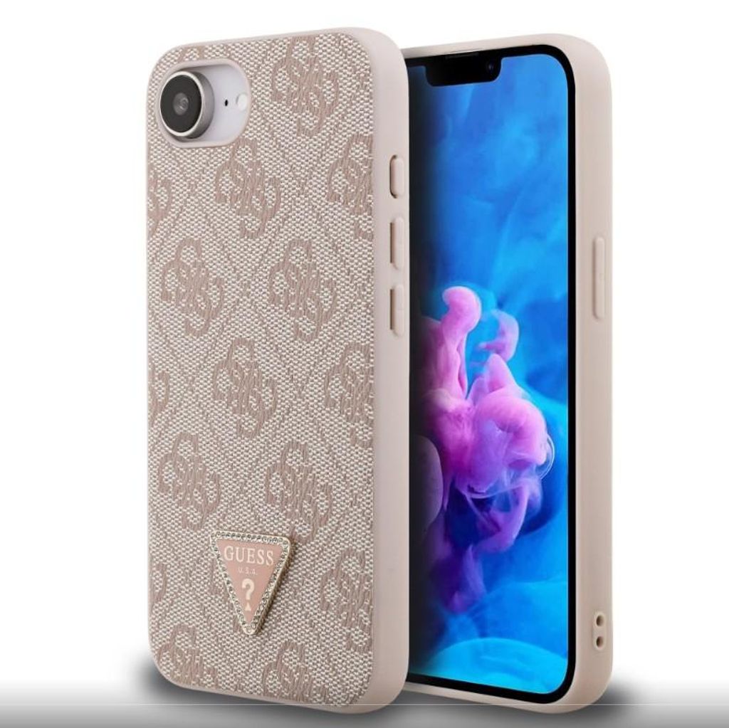 Guess 4G Strass Triangle Metal Logo Case for iPhone 16e/17e Pink Schutzhülle