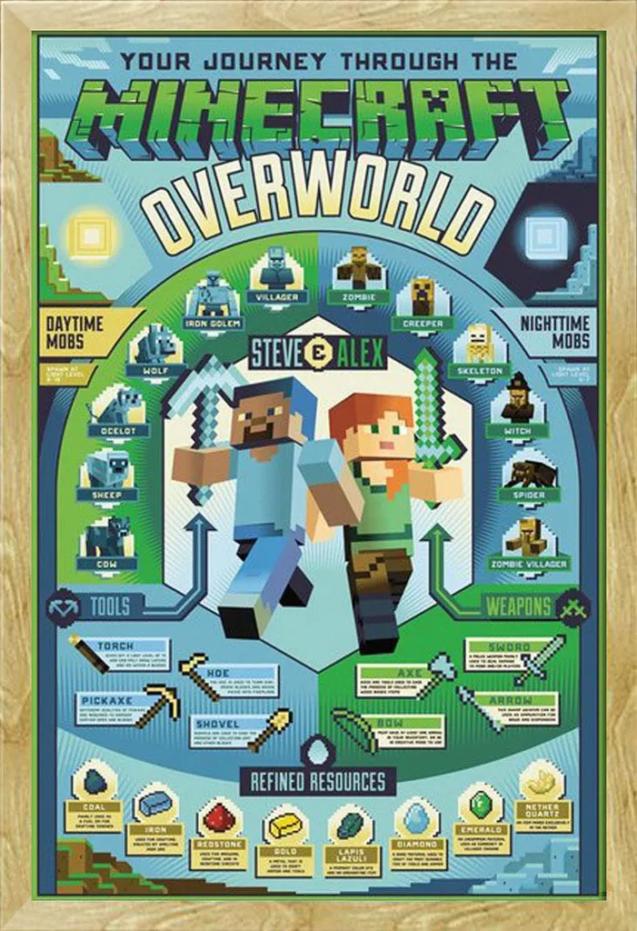 Affiche Minecraft Overworld Encadrée 61x91,5 cm Cadre Bois MDF Hêtre