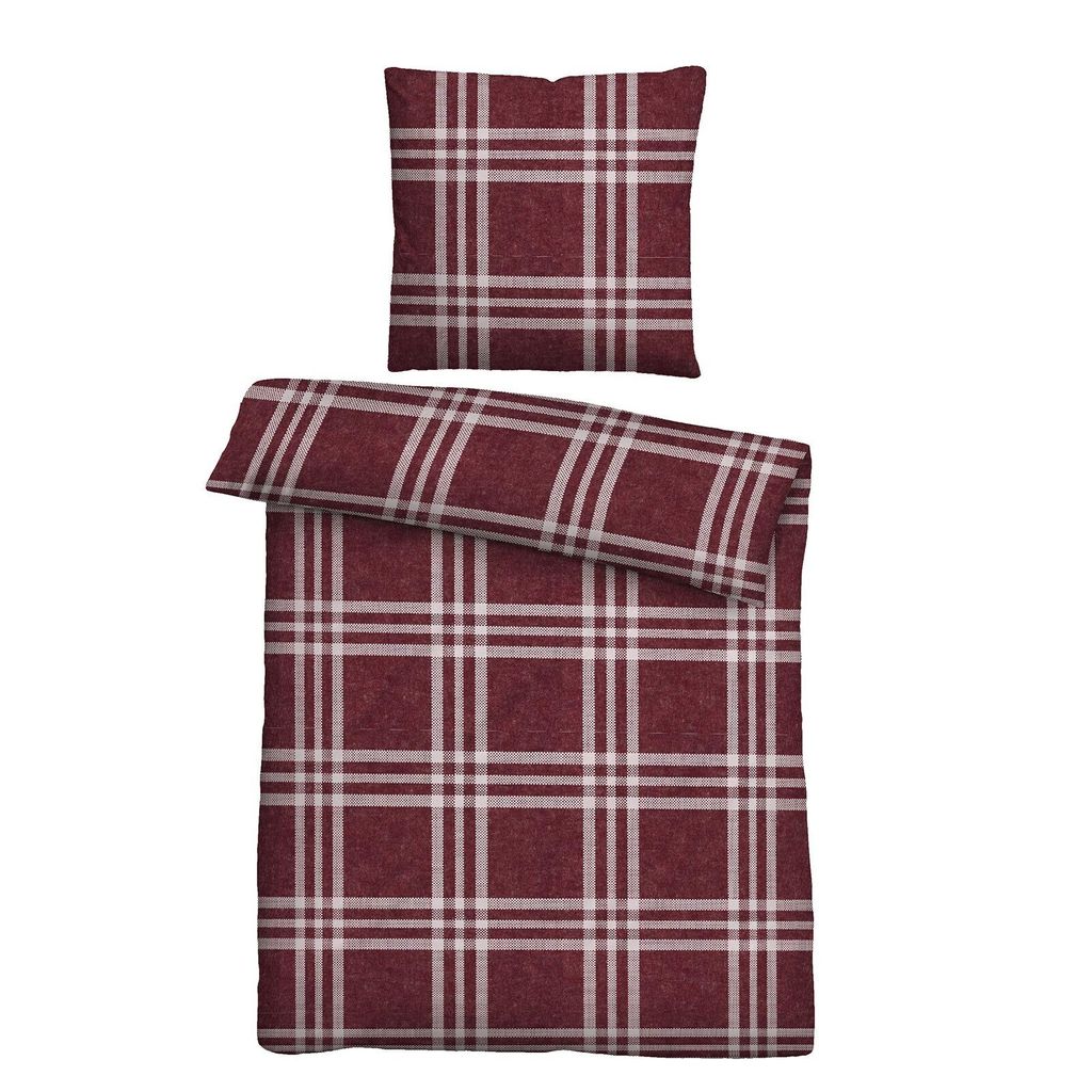 Biberna Melange Flanell Bettwäsche Karo burgund 155x220 cm + 80x80 cm