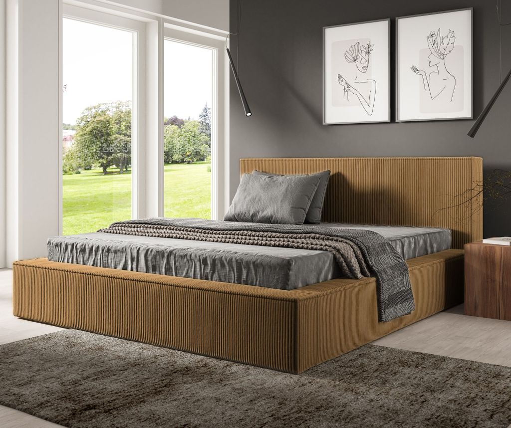 GUTTO Polsterbett FILO Senffarbe 140x200 aus Kordstoff mit Metall-Lattenrost Modernes Design in trendigen Farben, mit Stauraum