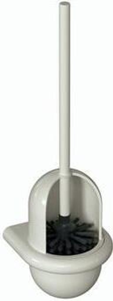 A white toilet brush and holder set against a white background.