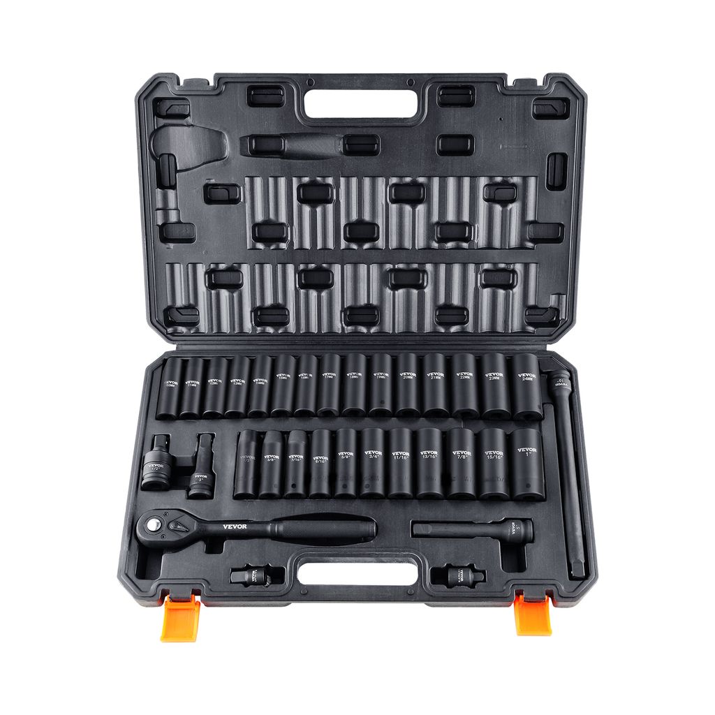 VEVOR 1/2 Zoll Steckschlüsselsatz CR-V-legierter Stahl 33-tlg Steckschlüssel Satz 10-24 mm Tiefe Stecknüsse Schlagschrauber, HRC 42-48 Steckschl...