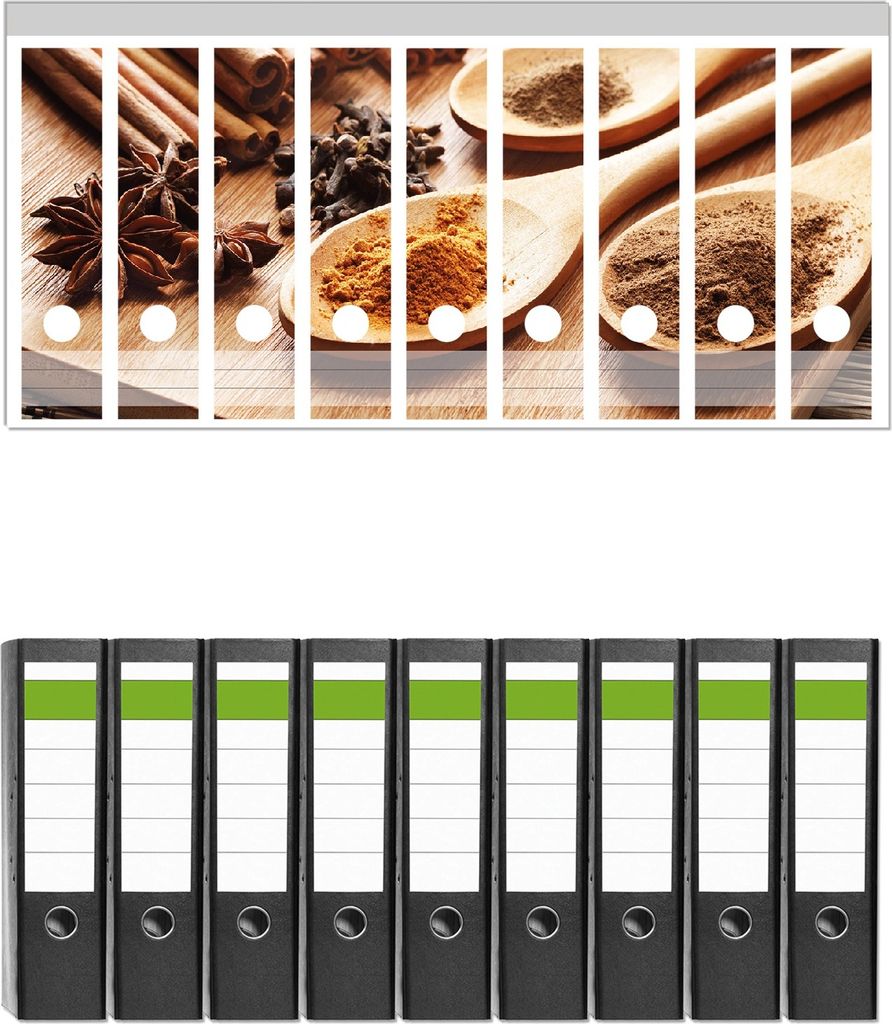 Wallario 9 Stück breite Ordner inkl. Klebeetiketten mit Motive Kräuter und Gewürze auf Holzlöffeln - Set mit Rückenschildern / Ordnerrücken ...