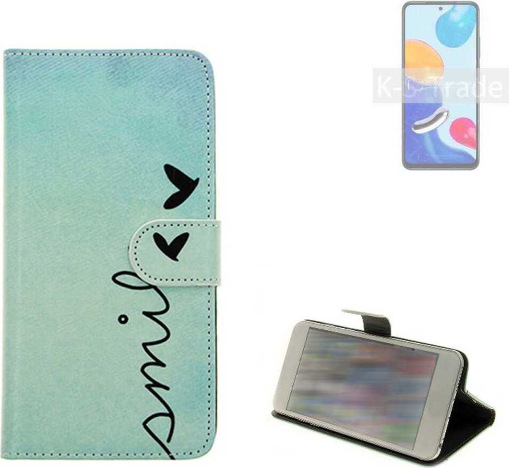 K-S-Trade Schutz Hülle Handy Hülle kompatibel mit Xiaomi Redmi Note 11 Global Hülle Handyhülle cover bookstyle Etui Handyhülle ''smile'' türkis