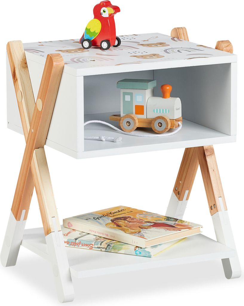 Relaxdays Nachttisch Kinder, offenes Fach, Teddy-Design, Produktbild 