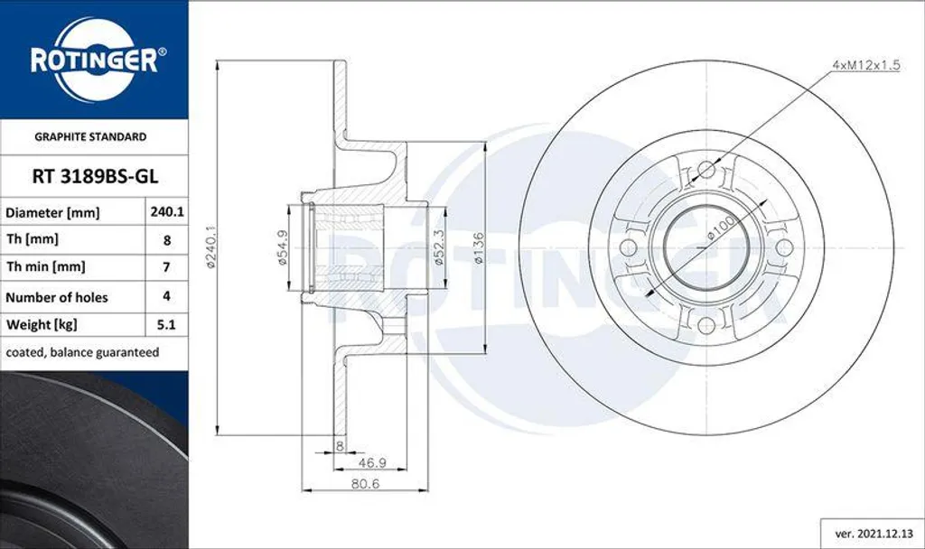 Disque de frein anti-corrosion ROTINGER Graphite Line 259mm OE 7701207823