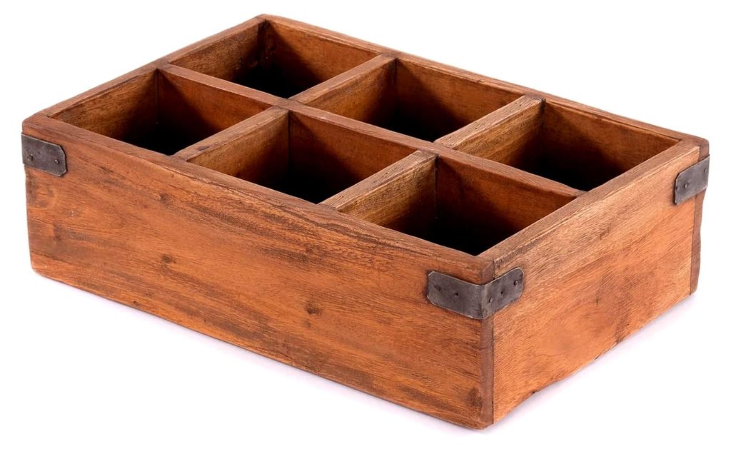 Stiftehalter mit 6 Fächern | Mahagoni Holz, 33x22 cm (BxT) | rustikale Aufbewahrungsbox, Teekiste, Büroorganizer