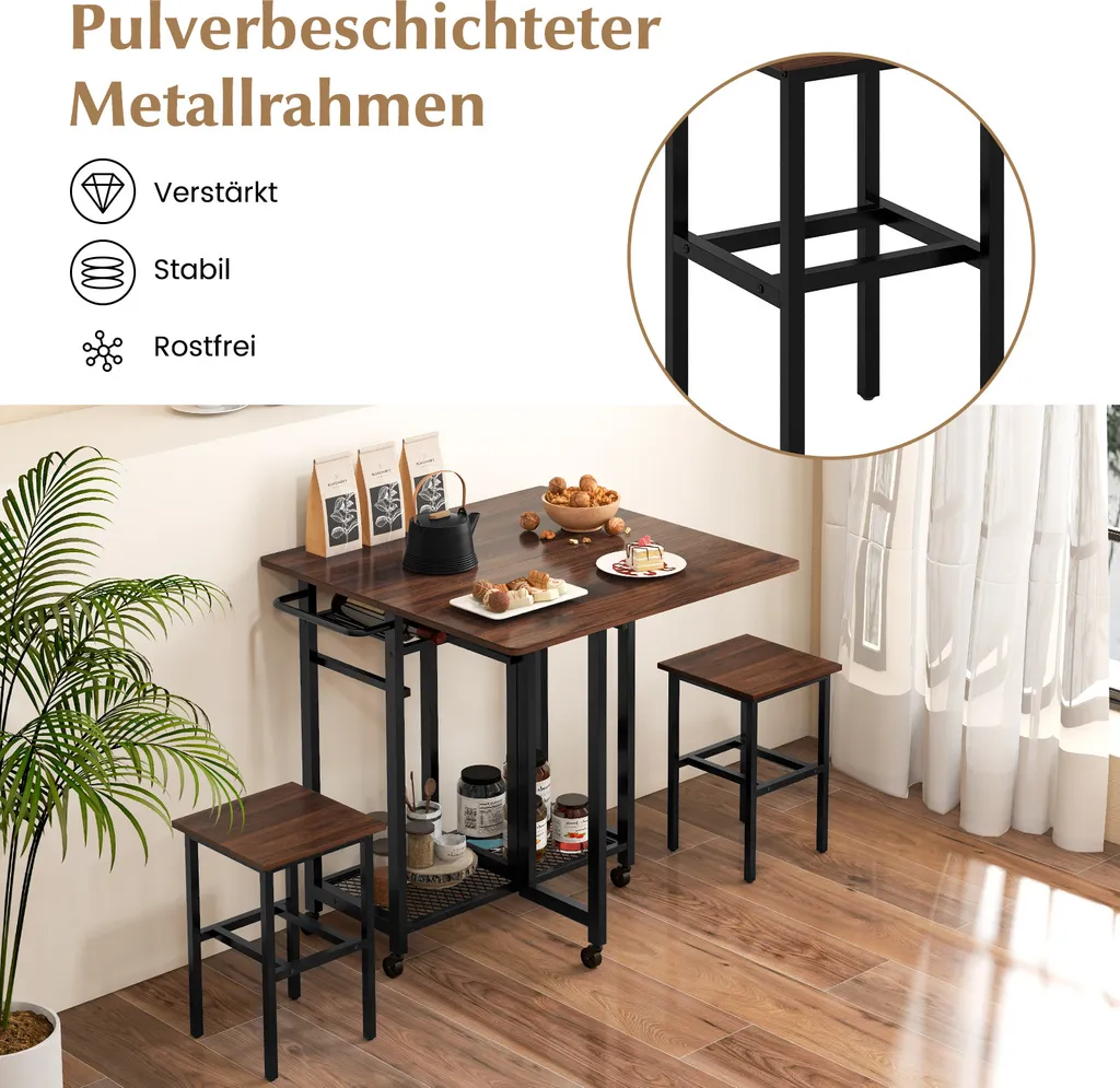 Table de Cuisine Pliable avec 2 Tabourets et Casier à Vin Intégré Noir