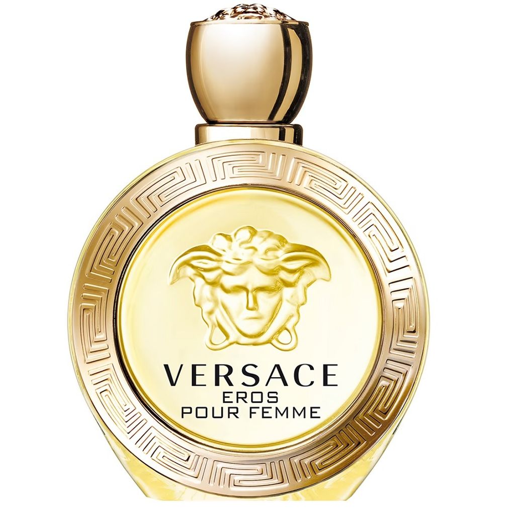 A close-up studio shot of a gold Versace Eros Pour Femme Eau de Toilette bottle.