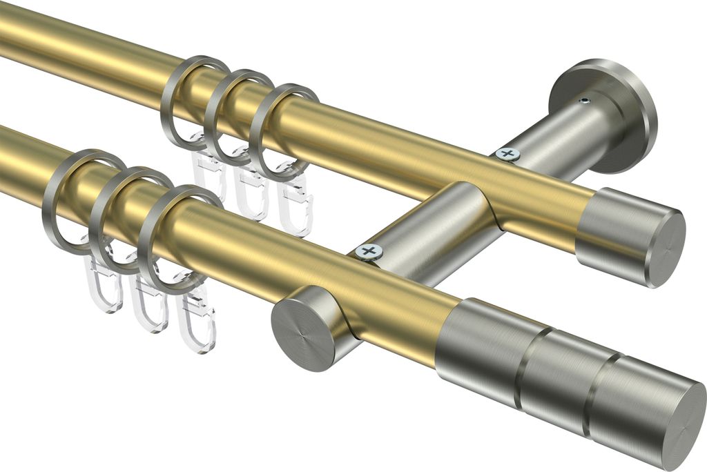 Interdeco Gardinenstange / Vorhangstange Messing-Optik / Edelstahl-Optik, Typ Platon Elanto (Rillenzylinder), 20 mm Ø 2-läufig, 540 cm