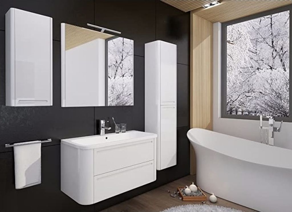 Badmöbel Set "GLORIA 100CM" MÖBEL BADSET MIT WASCHBECKEN WEISS HOCHGLANZ LED Waschtisch Spiegel LED Hängeschrank Hochschrank