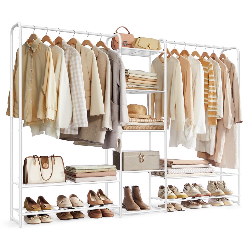 A white metal garment rack filled with clothing, bags, shoes, and folded linens.