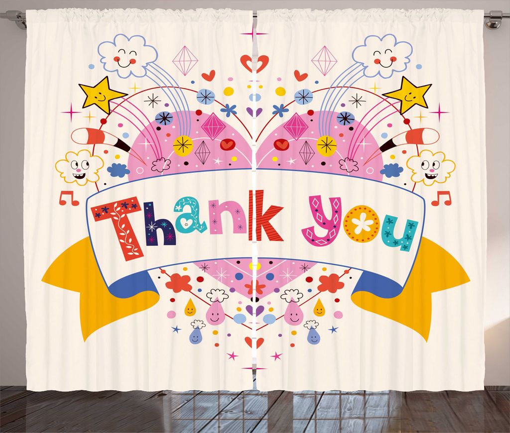 ABAKUHAUS Danke dir Rustikaler Vorhang, Herz-Sterne und Wolken, Wohnzimmer Universalband Gardinen mit Schlaufen und Haken, 280 x 245 cm, Mehrfarbig