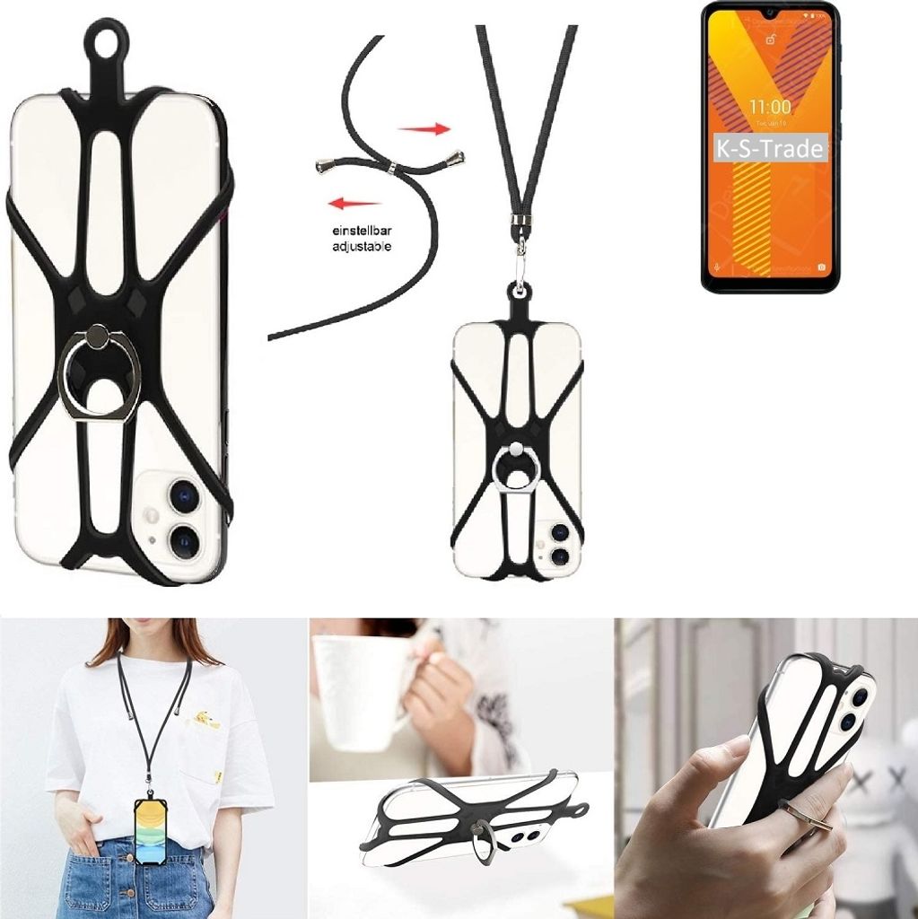 K-S-Trade 3in1 Handykette Handyband Handykordel Halsband Smartphone-Ring Handy-Ring kompatibel mit Wiko Y62 Fingerhalterung Handyring Tischständer