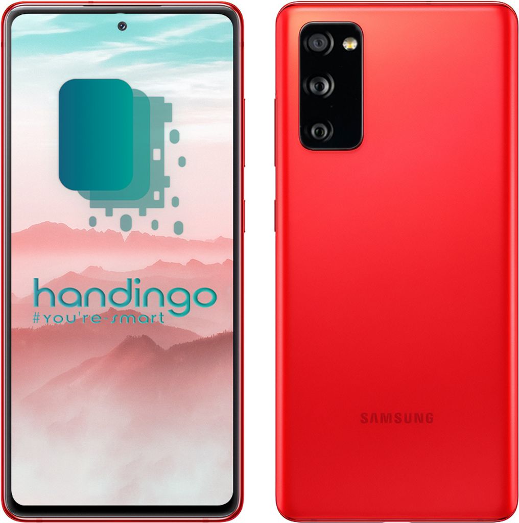 A red Samsung Galaxy S20 FE 5G smartphone is shown from the front and back.