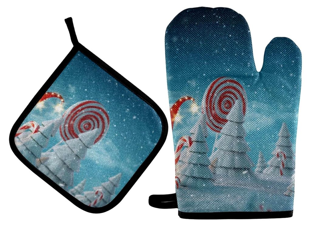 Ofenhandschuhe-Set, Weihnachts-Elfenhaus, Topflappen, Zuckerstangen-Schnee, Küche, 2 Stück, Kochherd-Handschuhe, Wärmekissen zum Grillen