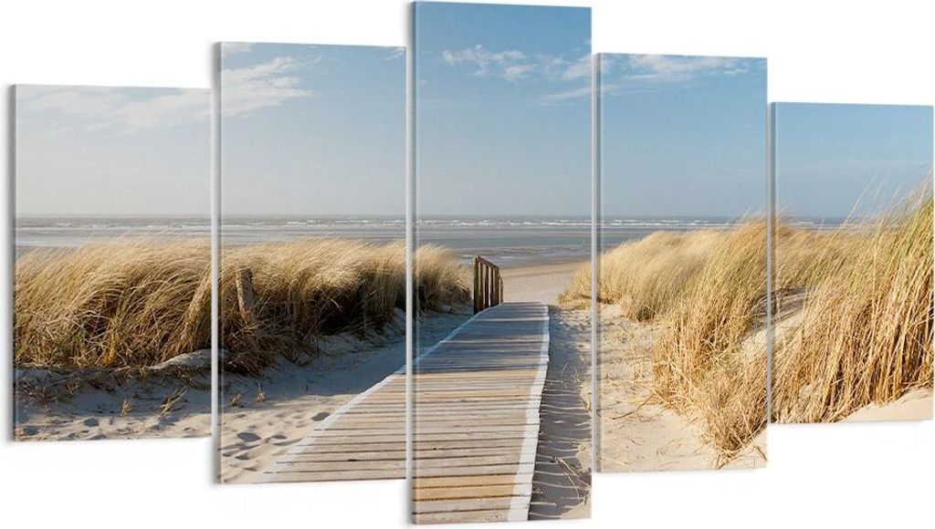 Bild auf Leinwand - Leinwandbild - Strand Meer Fußgängerbrücke Ufer - 160x85cm - Wand Bild - Wanddeko - Leinwanddruck - Bilder - Kunstdruck - Le...