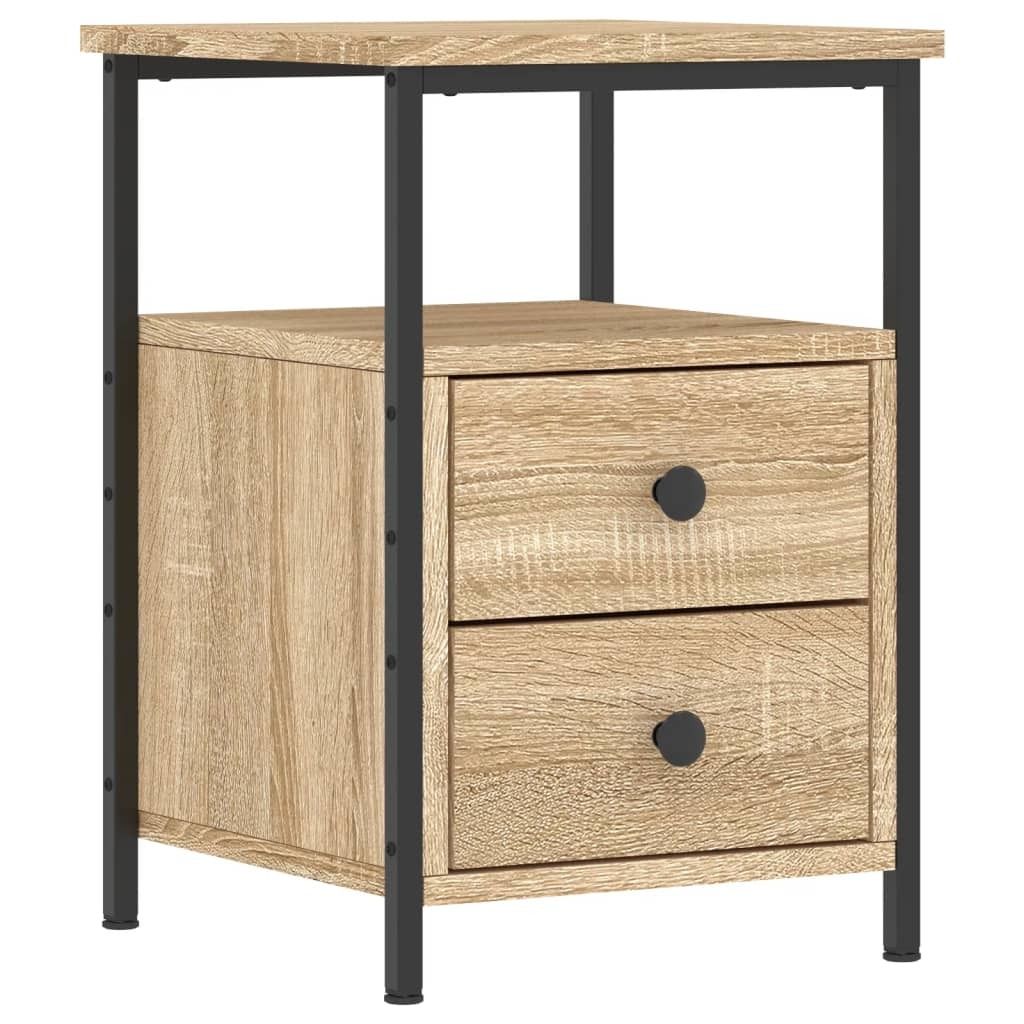 A product shot of a wooden nightstand with two drawers and black metal legs, presented on a white background.