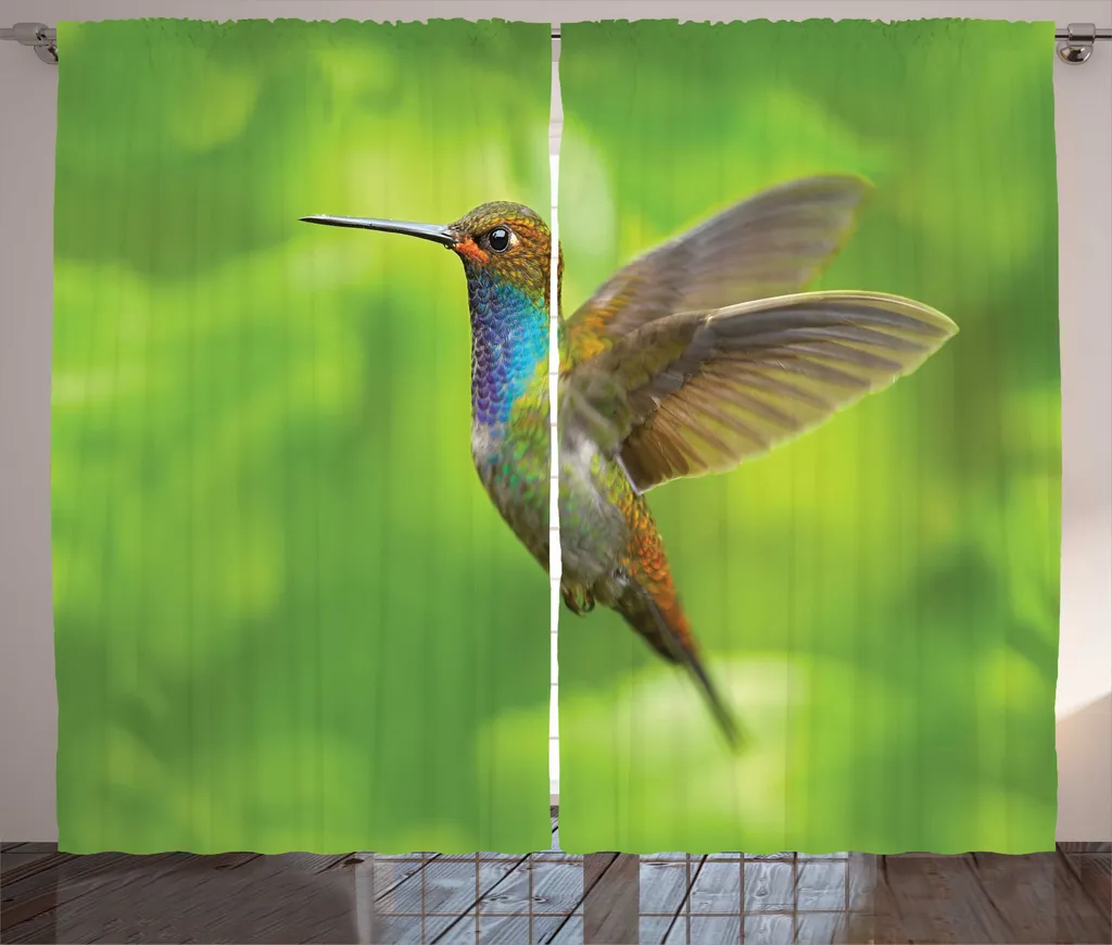 Rideau pour Baie Vitrée Motif Nature Colibri Vert Citron 280 x 225 cm
