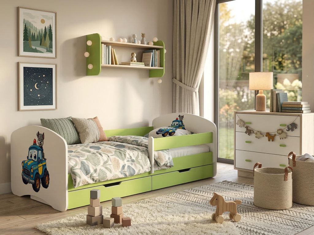 Happy Babies Kinderbett - mit Rausfallschutz Junge 140x70 Mädchen, Bett für Kinderzimmer mit Schublade & Matratze Einzelbett für Kinder Kinder H...