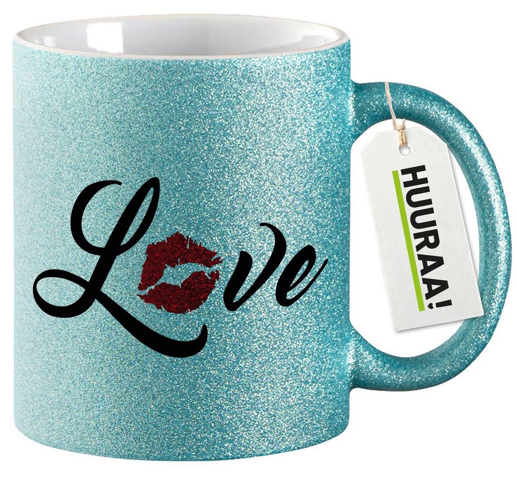 Huuraa Glitzertasse Love Kuss 330ml Blau Keramik Kaffeebecher Geschenkidee