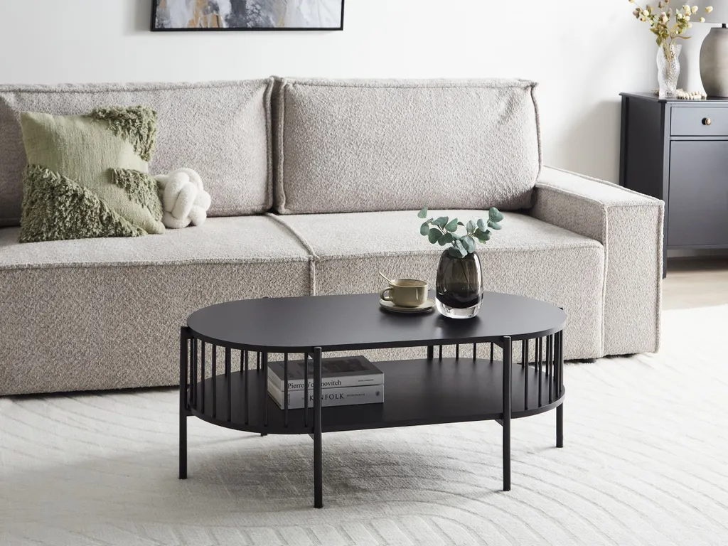 Table basse ovale rétro pour salon moderne noire avec étagère basse 103 cm - 2
