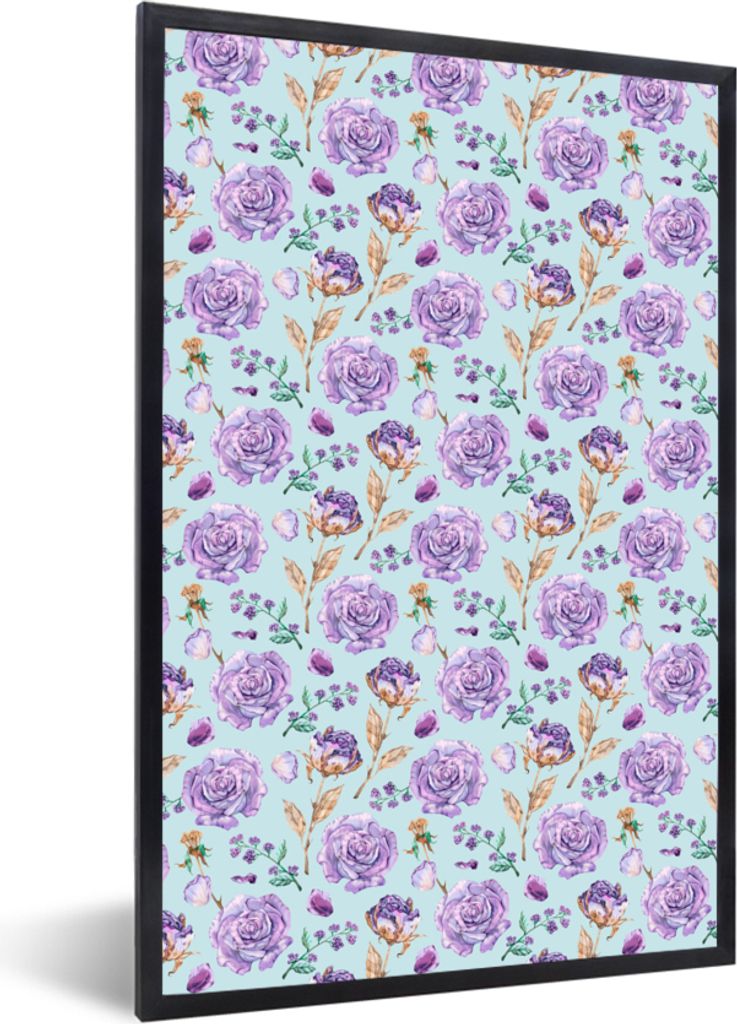 MuchoWow MuchoWow Gerahmtes Poster Blumen - Muster - Rosen 20x30 cm - Poster mit zchwarzem Bilderrahmen - Drucken - Bilder Poster im Rahmen