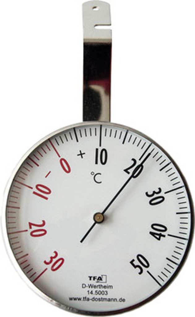 A close-up view of a circular analog thermometer.