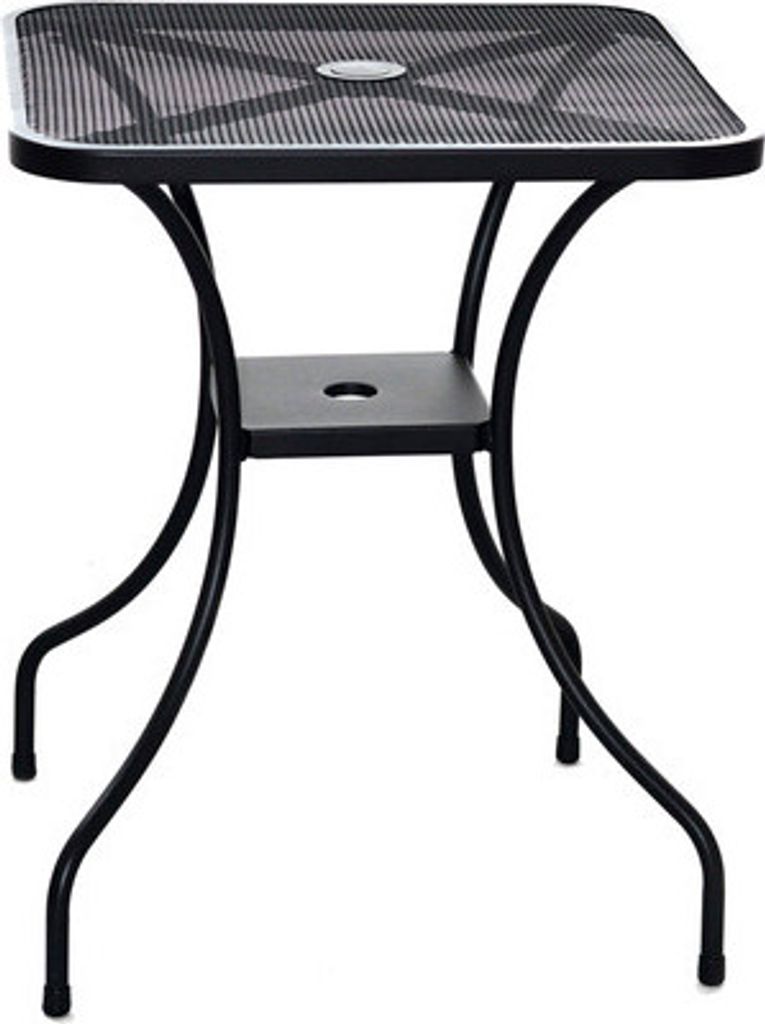 A square outdoor table with a glass top and black metal legs.