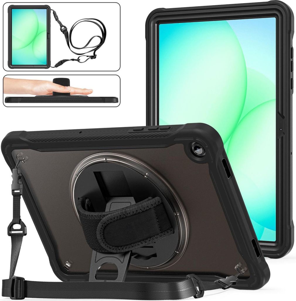 Hülle für Samsung Galaxy Tab A11 Plus 360 Ring Handgriff & Schultergurt Schwarz