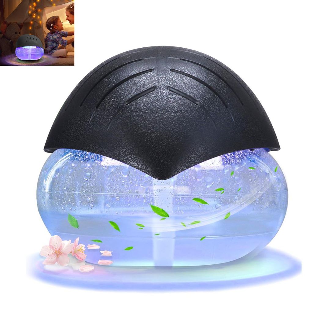 A black and clear air purifier with blue water and green leaves inside, with pink flowers at the base, lit with blue light.